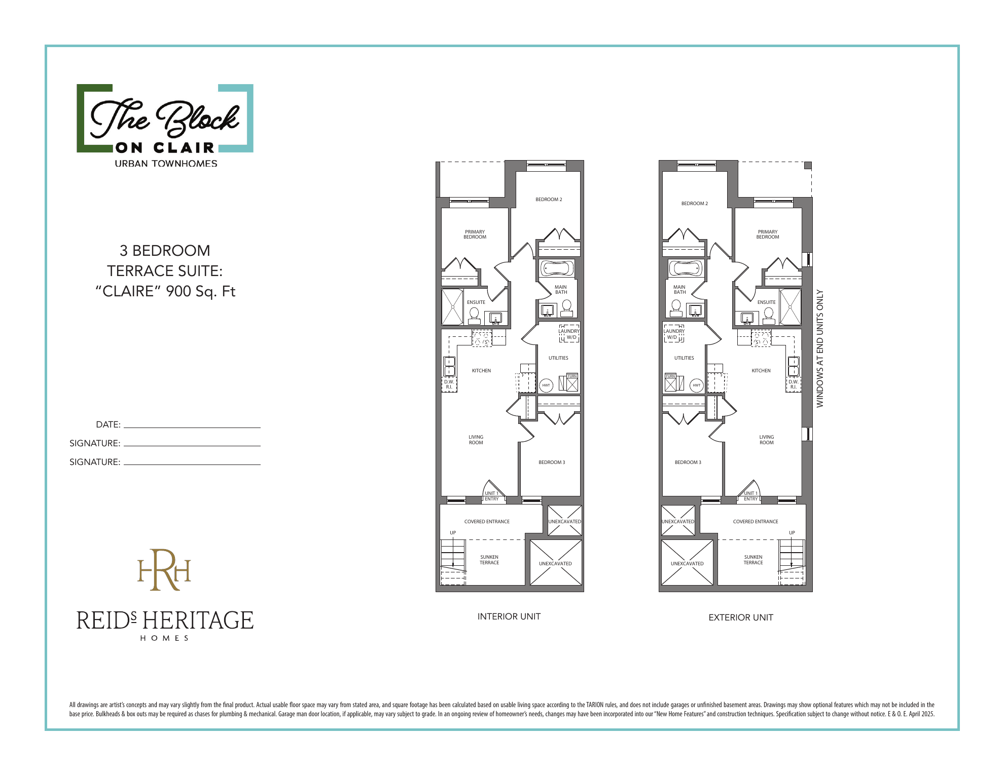 The Claire Floor Plan at The Block on Clair Towns - 900 sq.ft